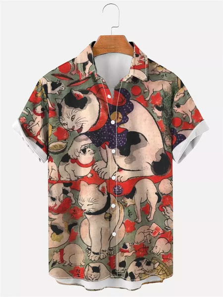 Camisa havaiana dos desenhos animados de anime masculino, Tops de manga curta, roupas casuais masculinas, rua, animais, gatos, retrô, 3D Tees, verão