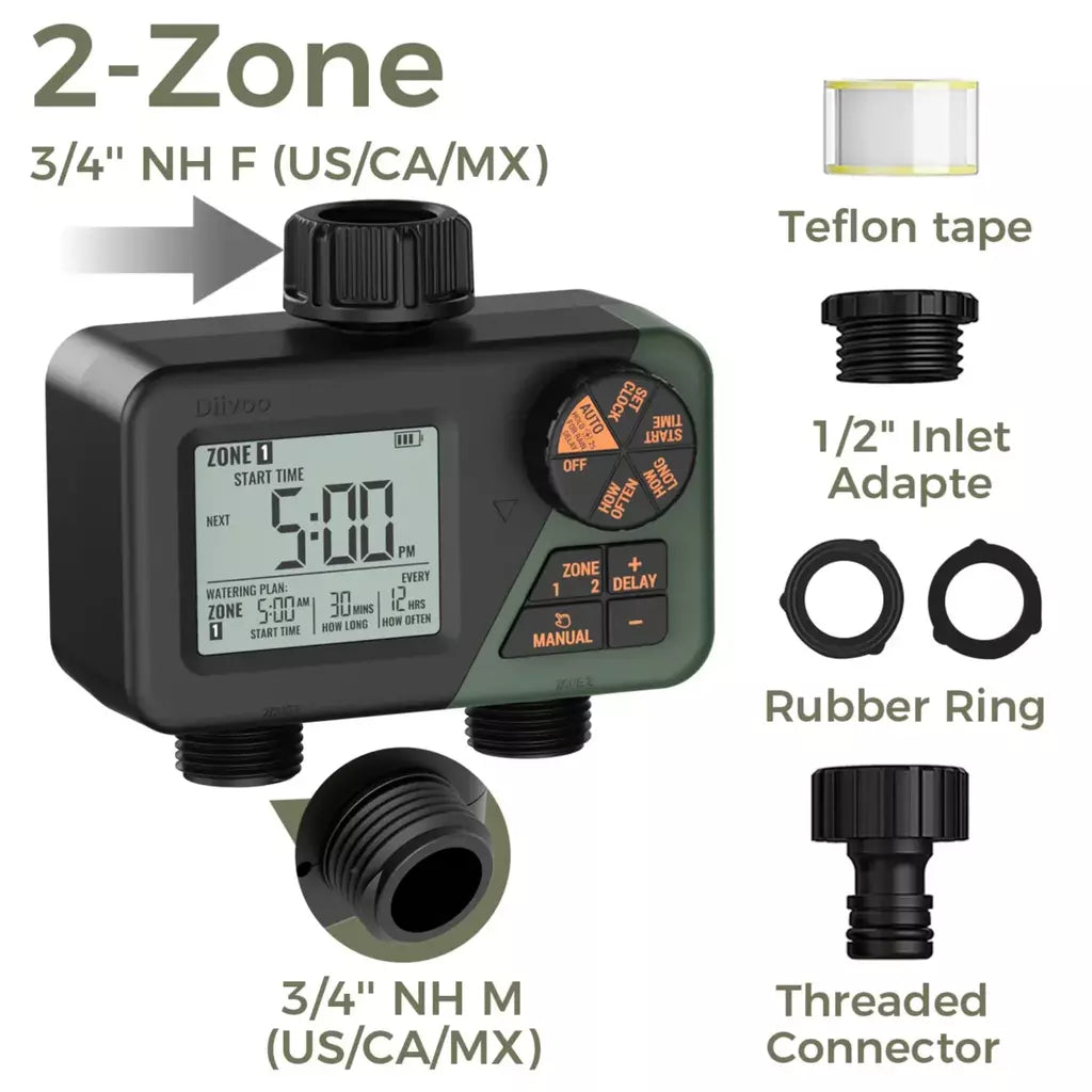 Diivoo temporizador de água para jardim, 3 saídas para mangueira de jardim, temporizador de irrigação automático programável ip54 com atraso de chuva, modo manual/automático