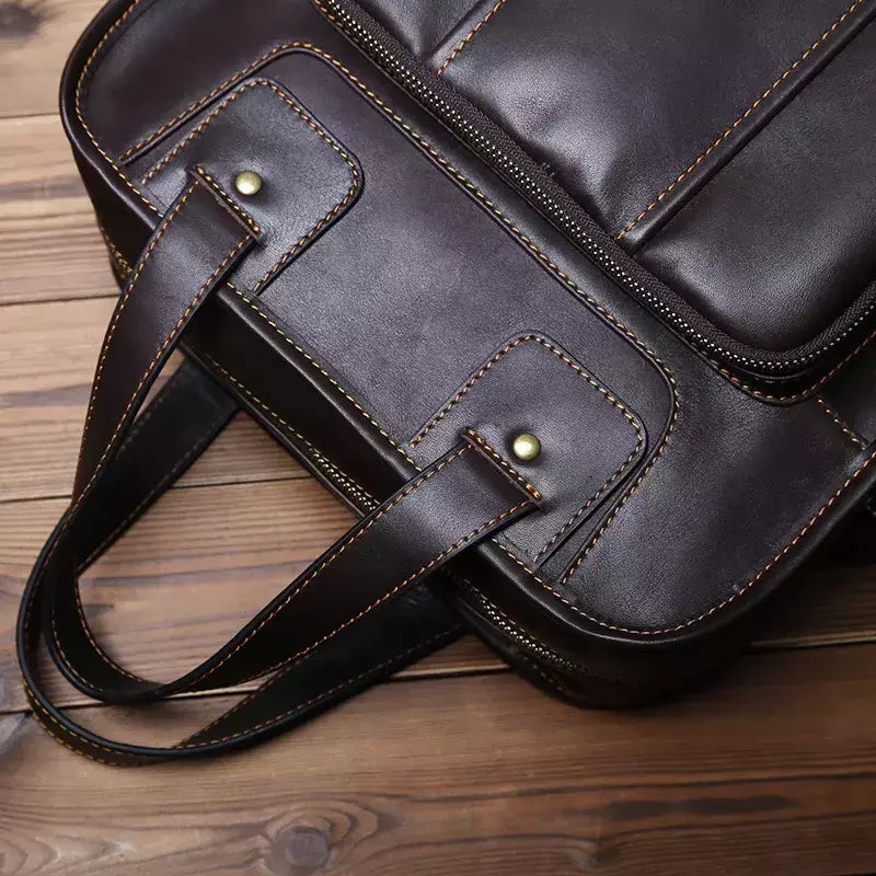 Maleta de couro retrô para homens, couro natural, bolsa vertical, bolsa de ombro casual, mochila masculina, adequada para laptop de 15 ", NZPJ