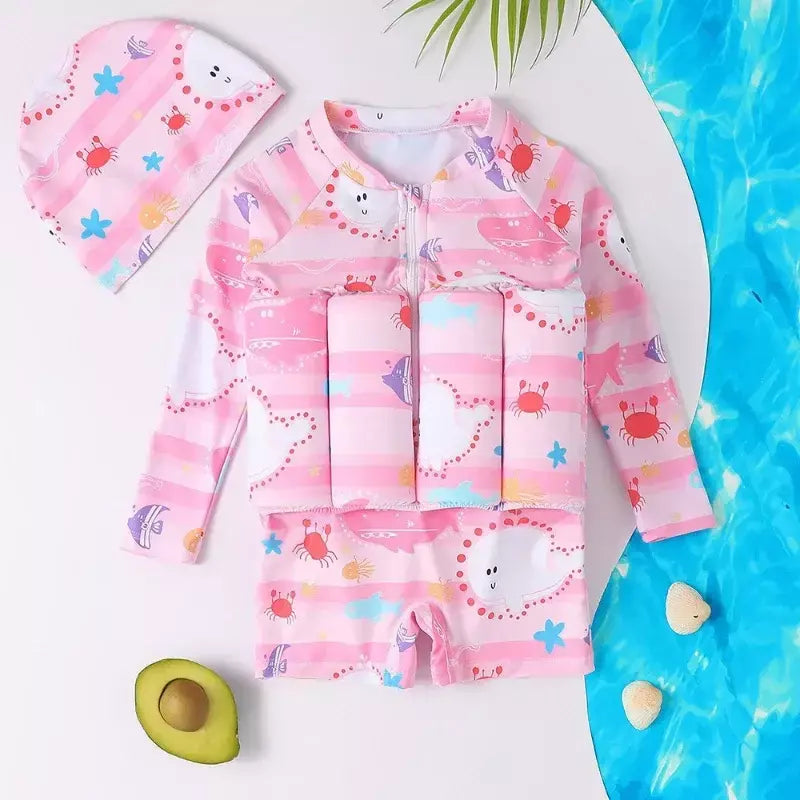 Maiô flutuante para crianças, roupa de banho de uma peça para crianças, flutuante, proteção contra queimaduras, estampa de desenho animado, meninas, meninos, roupas de natação