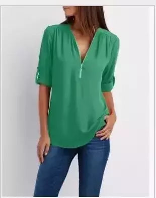 Blusa feminina profunda com gola V, tops femininos, pulôver sexy com zíper, moda casual, camisa solta legal, plus size, venda quente, 2024