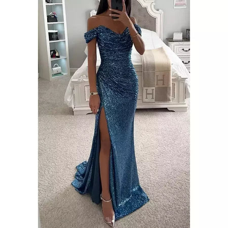 Vestido Dividido de Pescoço Uma Linha Feminino, Lantejoulas, Dividido, Versátil, Elegante, Charme, Emagrecedor, Festa, INS, Emagrecimento, S-XL Size, Novo