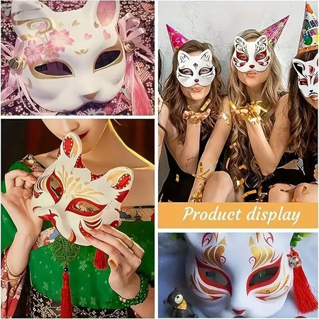 1-20 pçs máscara japonesa de papel em branco máscara halloween cosplay gato diy pintável meia máscara facial animal traje festa decoração artesanato prop