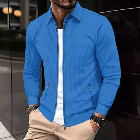 Jaqueta waffle de manga comprida masculina, monocromática, com zíper, bolso, cardigã lapela, gola polo casual, outdoor wear, primavera e outono