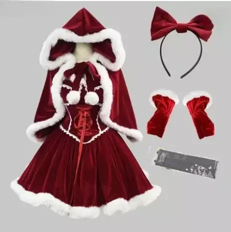 Ano novo vestido vermelho manto cosplay plus size roupas de natal capa feminina role play outfit conjunto completo quente traje de férias meninas
