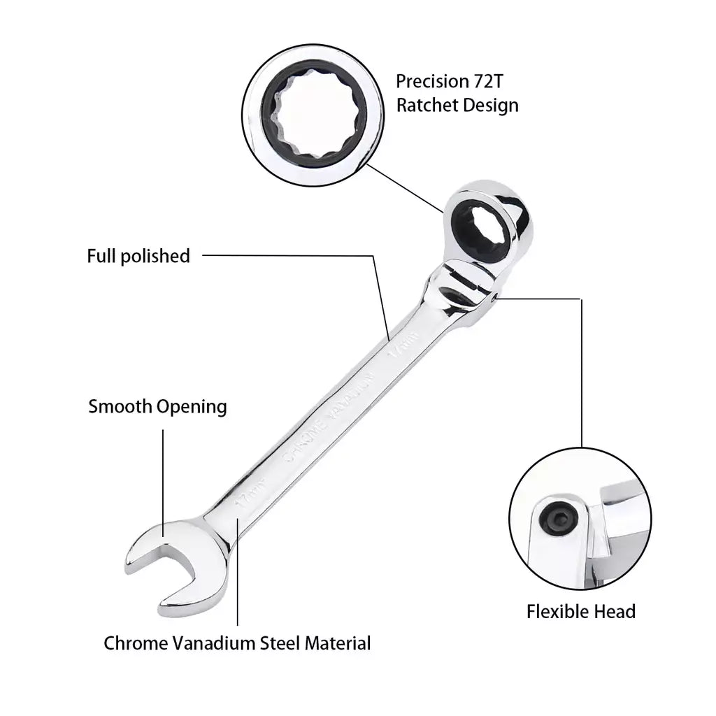 Chave de catraca de chaves, conjunto de ferramentas manuais, catraca de 72 dentes, cabeça flexível, acabamento espelhado, 6mm-27mm, reparo automático e doméstico, 1 peça