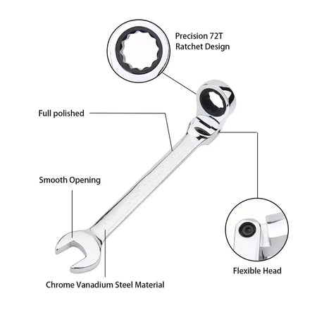 Chave de catraca de chaves, conjunto de ferramentas manuais, catraca de 72 dentes, cabeça flexível, acabamento espelhado, 6mm-27mm, reparo automático e doméstico, 1 peça