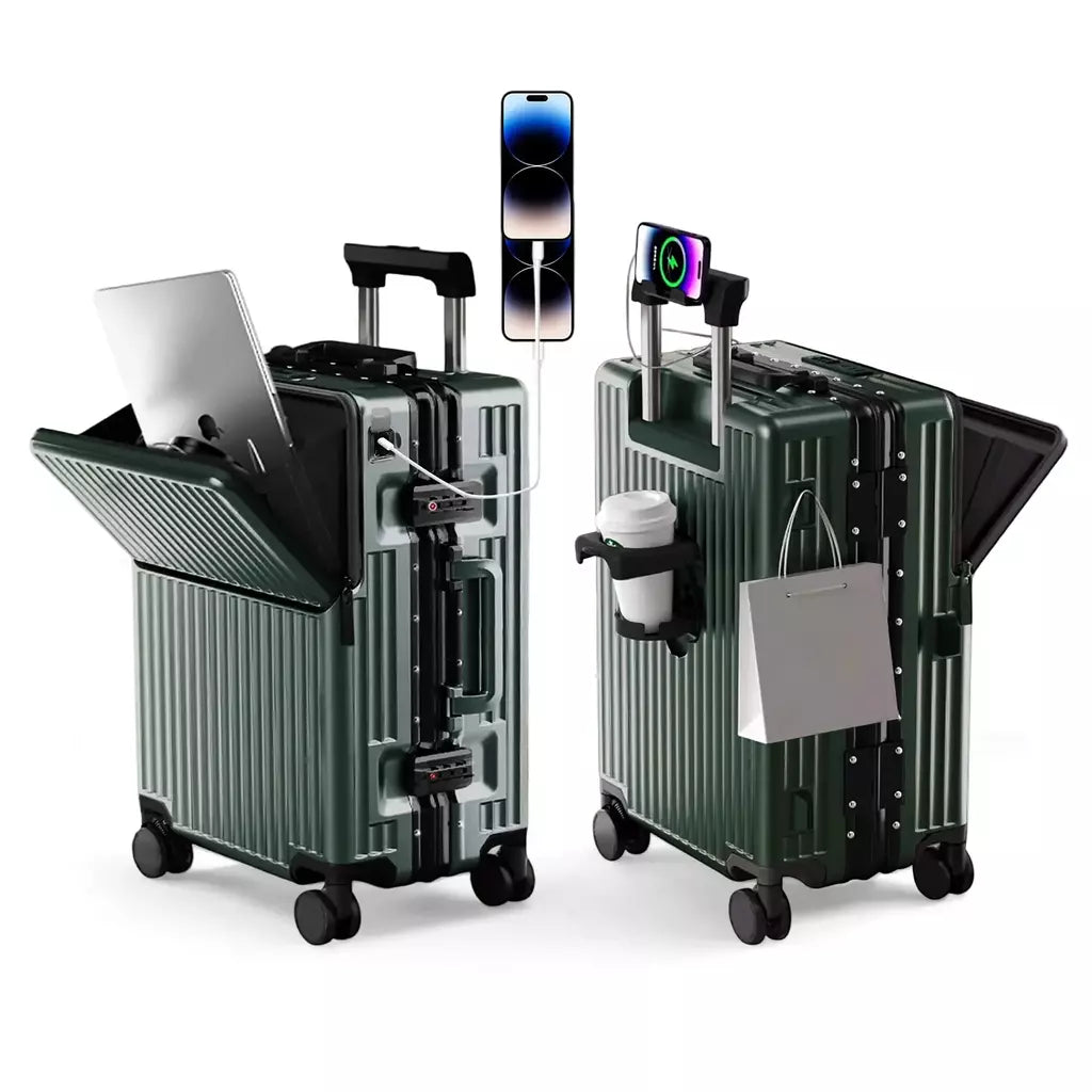 AIWEINY 2025 Mala de viagem rígida com estrutura em alumínio, resistente à pressão, com rodas omnidirecionais silenciosas de 360°, suporte para copos e prateleira, com fechadura TSA.