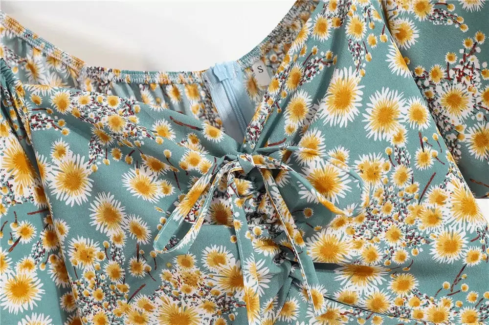 Mulheres mini vestidos de verão moda feminina vestidos impressão floral chiffon vestidos shirring plissado manga curta inchado vestido casual