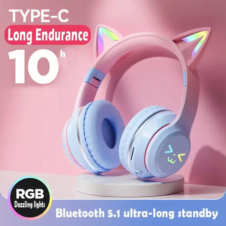 Orelhas de gato fone de ouvido rgb luz sorriso rosto tws fone de ouvido gradiente novo fone de ouvido rosa menina presente adequado para qualquer telefone