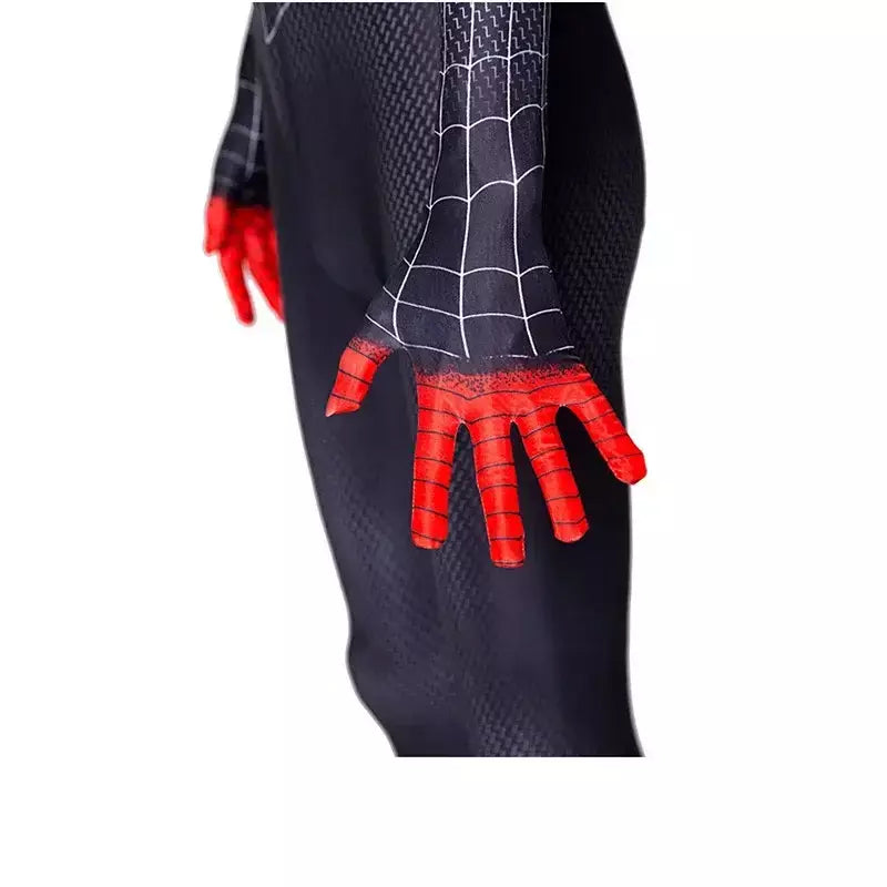 Crianças super-herói bodysuit milhas cosplay peter parker traje dos desenhos animados halloween conjunto com capuz traje de férias macacão com capuz separado