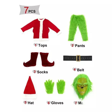 Conjunto de fantasia de papai noel, festa de natal, baile, adulto, dramatização, roupa verde, monstro desgrenhado, dia das bruxas, cosplay, luvas, máscara