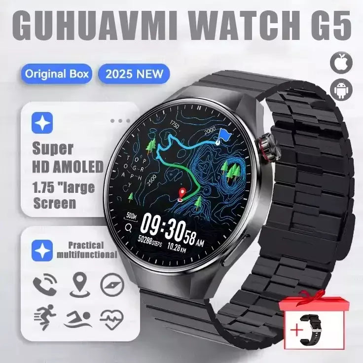 2025 novo relógio original g5 plus relógio inteligente 1.75 "hd tela amoled gps pista freqüência cardíaca bluetooth chamada bússola smartwatch para homem