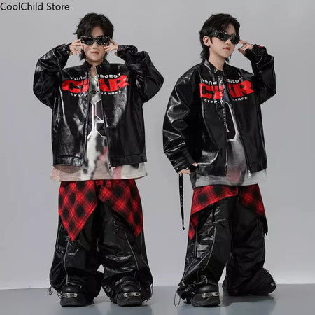 Meninos hio hop letras jaqueta de couro dança de rua calças de carga soltas meninas k-pop streetwear crianças conjunto de roupas jazz traje