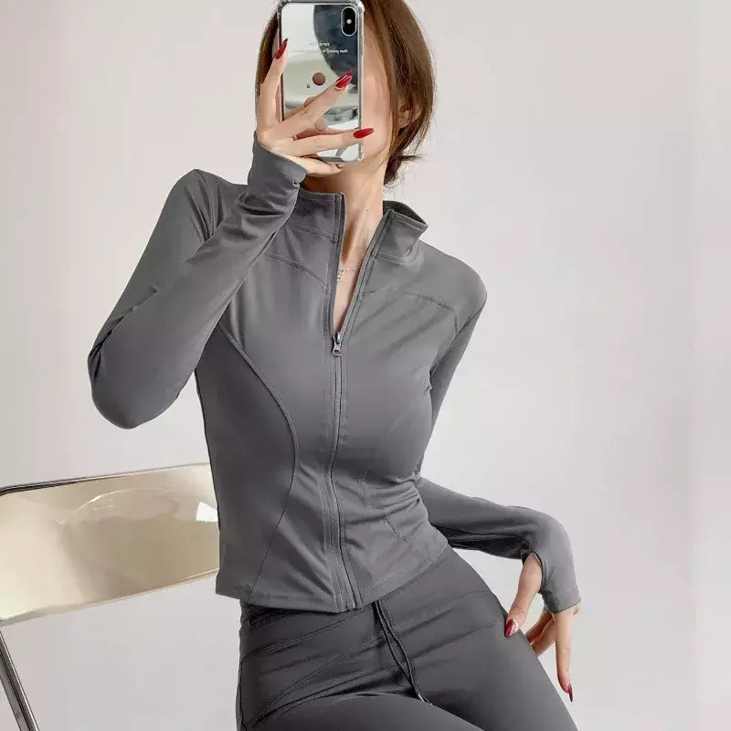 Casaco esportivo de secagem rápida para mulheres, tops apertados, manga comprida, zíper, jaqueta de ioga, corrida e fitness, proteção solar, S-3XL, 2024