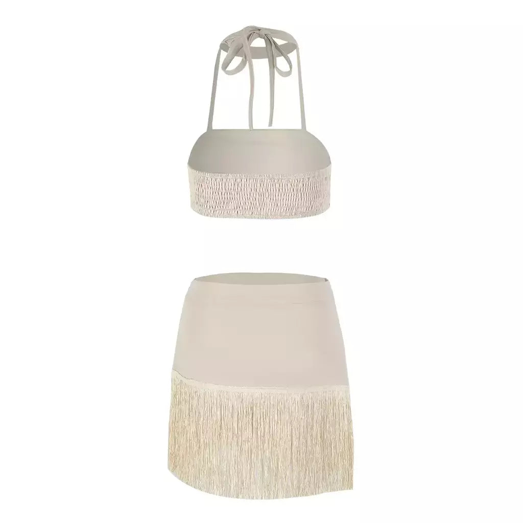 Conjunto sexy de biquíni feminino, sutiã de renda, mini saia, férias de praia, fato de banho feminino casual, 2 peças, verão