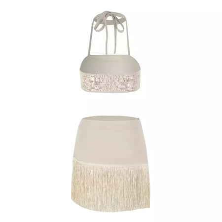 Conjunto sexy de biquíni feminino, sutiã de renda, mini saia, férias de praia, fato de banho feminino casual, 2 peças, verão