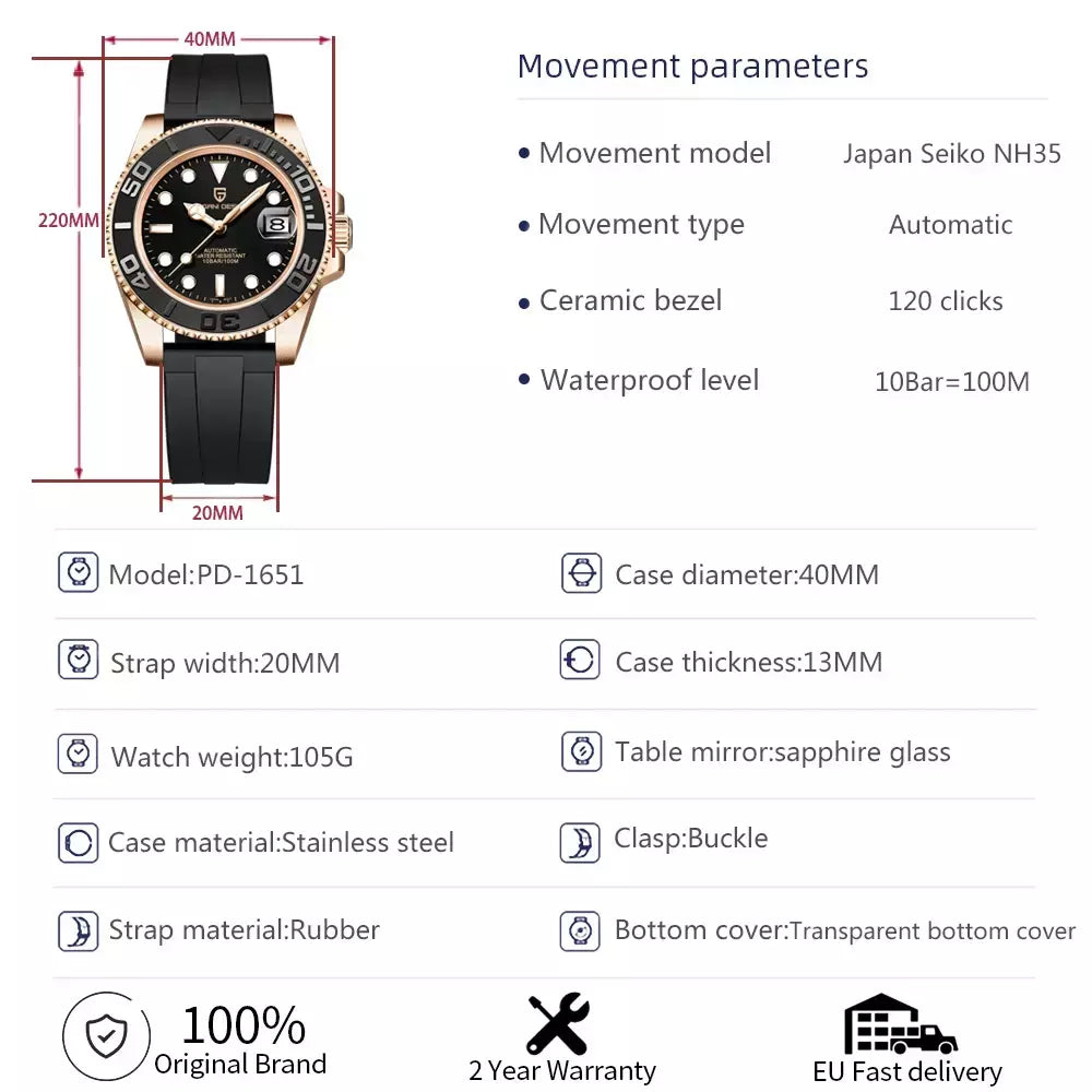 Pagani design esportes masculino relógio de pulso mecânico safira luxo relógio automático para homem aço inoxidável à prova dwaterproof água