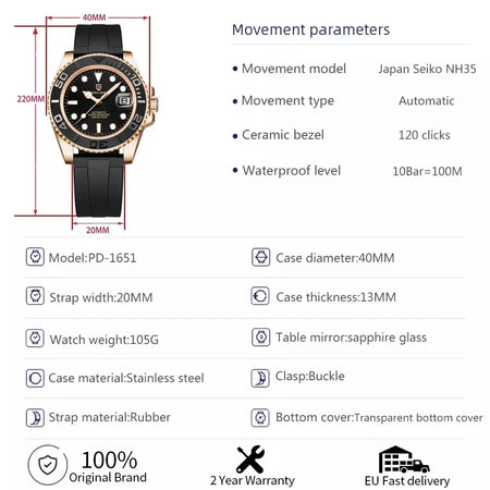 Pagani design esportes masculino relógio de pulso mecânico safira luxo relógio automático para homem aço inoxidável à prova dwaterproof água