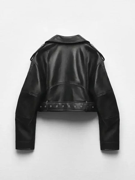 TRAF-Jaqueta curta de couro sintético feminina com cinto, casaco vintage extragrande, streetwear solto, zíper feminino, outwear retrô Moto Biker