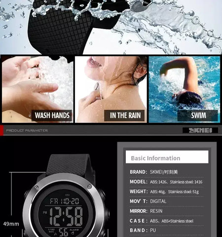 Skmei 1426 montre masculino despertador moda relógio digital relogio masculino esporte relógio masculino marca de luxo 5bar relógios à prova dwaterproof água