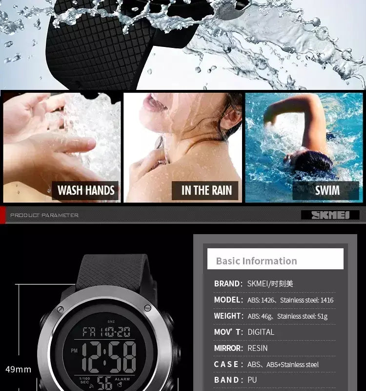 Skmei 1426 montre masculino despertador moda relógio digital relogio masculino esporte relógio masculino marca de luxo 5bar relógios à prova dwaterproof água