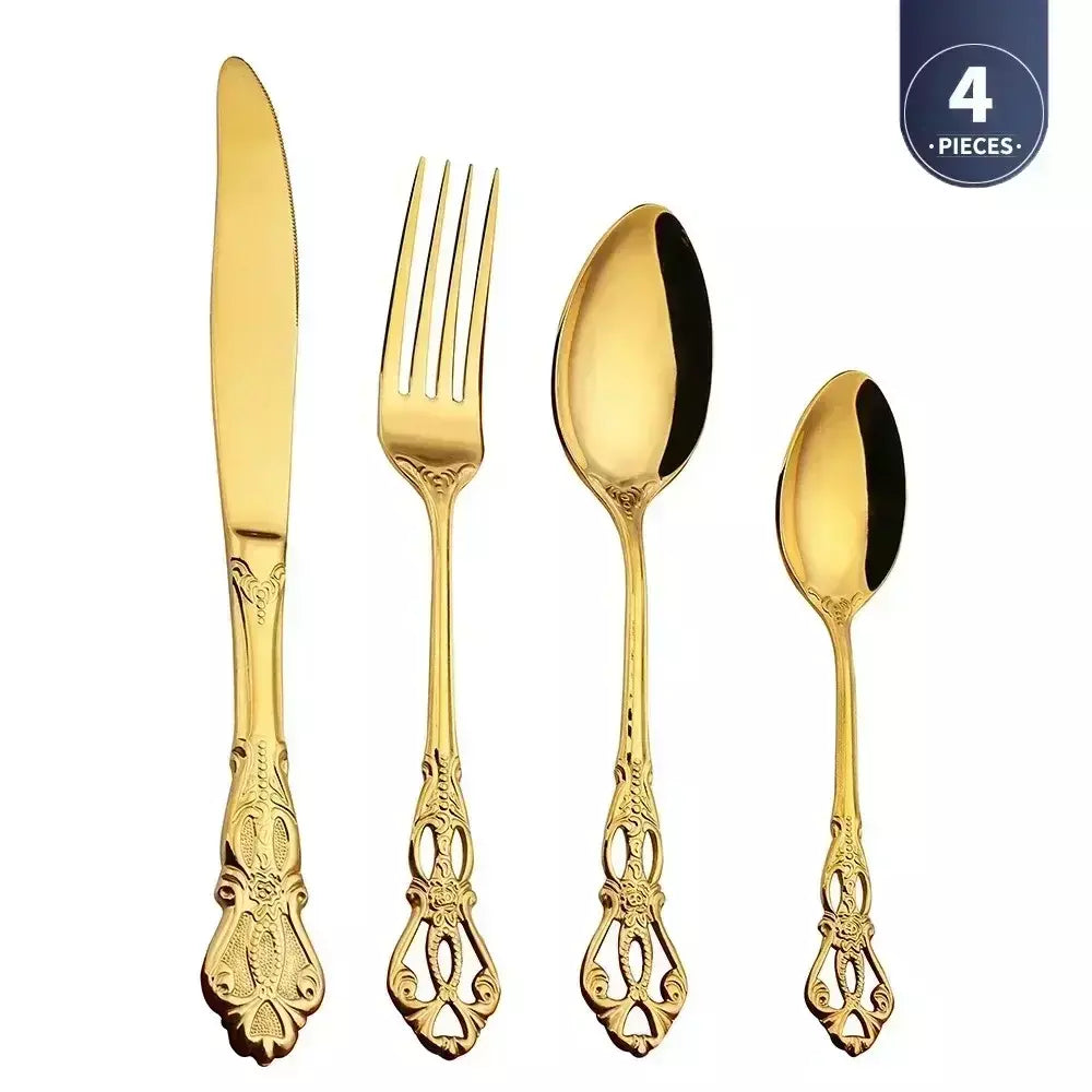 Conjunto de talheres de aço inoxidável dourado, colher europeia real, garfo, talheres completos, design retrô, seguro para máquina de lavar louça, talheres elegantes
