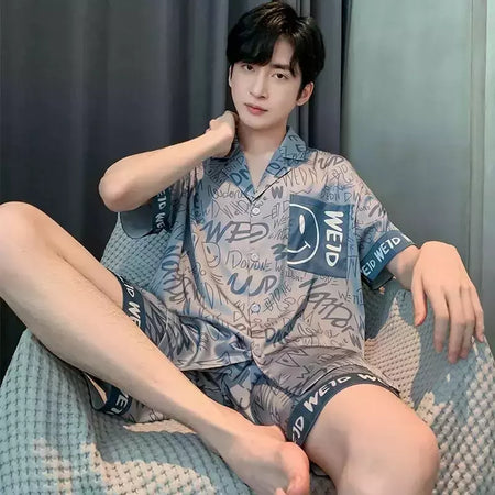Pijama de seda gelo de duas peças masculino, shorts de manga curta, seção fina, estudante, terno homewear adolescente, verão, novo