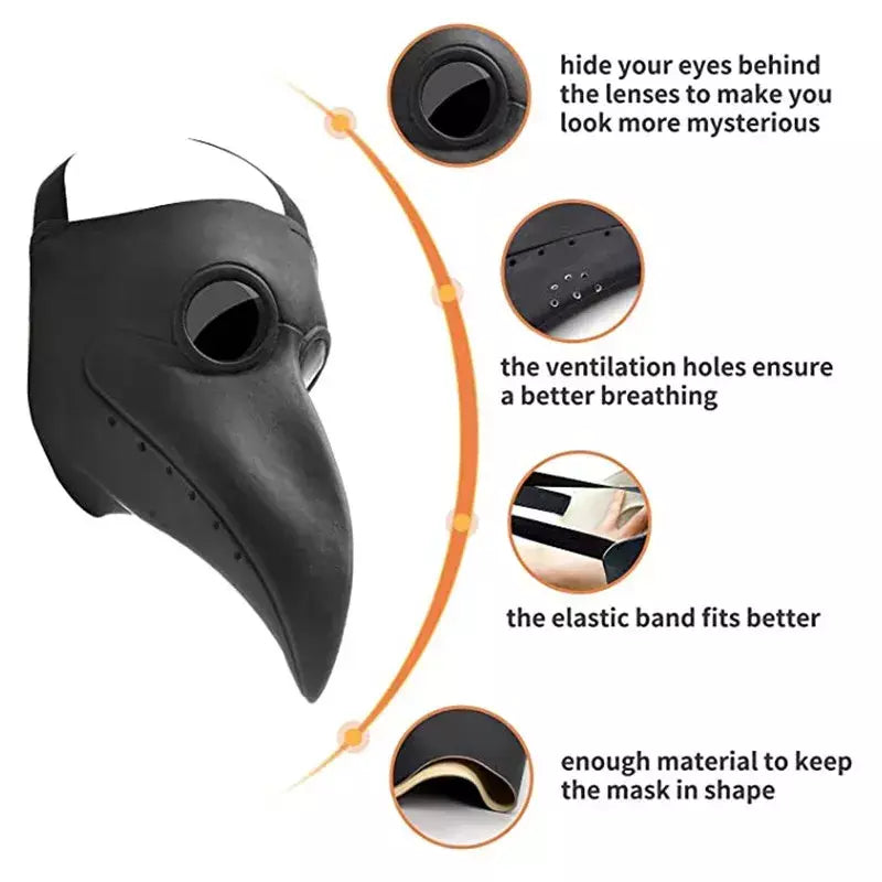 Halloween preto borracha praga médico máscara nariz longo pássaro beek steampunk gás látex máscara facial cosplay prop para crianças e adultos