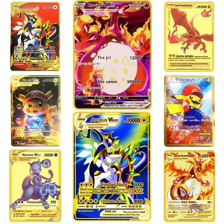 Pokemon English Metal Card Anime Pikachu Charizard Mewtwo Arceus Frog Flower Vmax GX Letters Game Collection Card Kids Toy Gifts