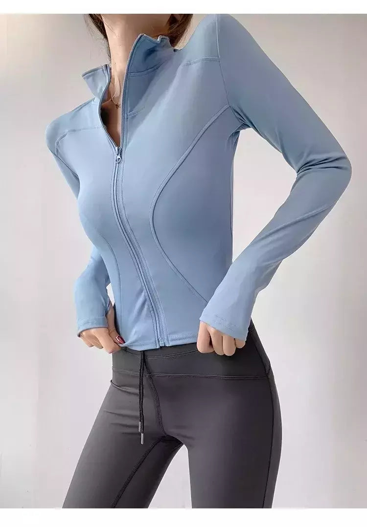 Casaco esportivo de secagem rápida para mulheres, tops apertados, manga comprida, zíper, jaqueta de ioga, corrida e fitness, proteção solar, S-3XL, 2024