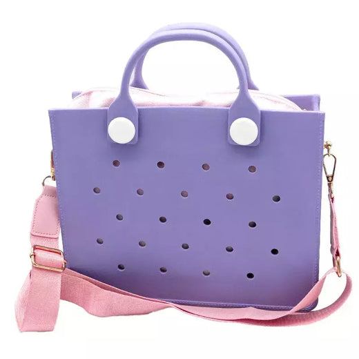 Saco de praia impermeável com furos, sacola transversal do corpo, acessórios de encantos adequados DIY, sacos de jantar feminino, elegante