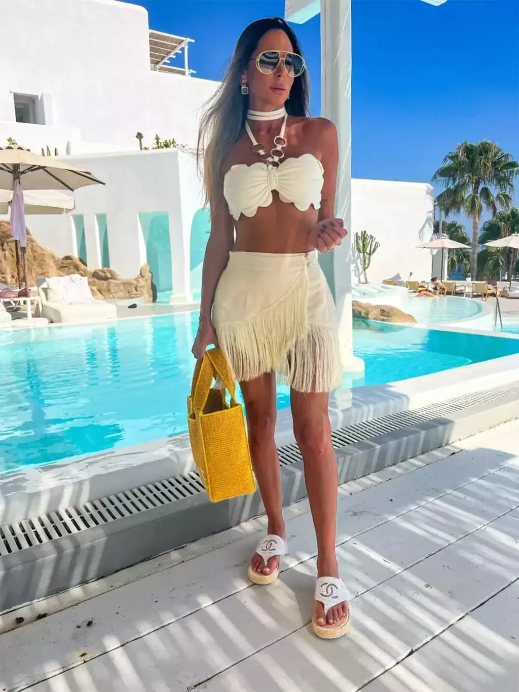 Conjunto sexy de biquíni feminino, sutiã de renda, mini saia, férias de praia, fato de banho feminino casual, 2 peças, verão