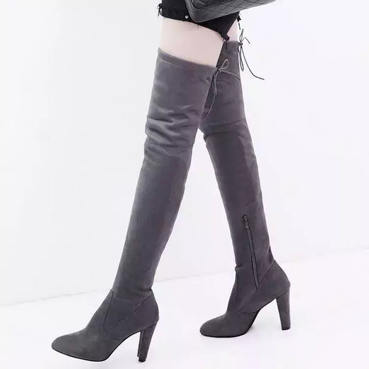 Botas femininas acima do joelho, tecidos elásticas, salto alto, sapatos de deslizamento, dedo apontado, longo, tamanho 34-43, inverno