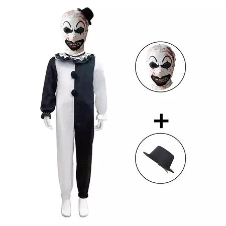 Crianças palhaço cosplay traje de halloween com máscara chapéu terrifier palhaço vestido criança macacão roupas para meninos meninas festa de carnaval