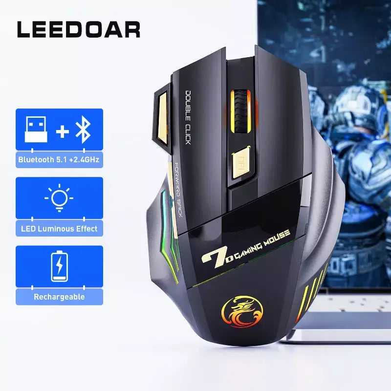 GW 2.4G e Bluetooth Mouse Sem Fio Silencioso Recarregável Luz de Respiração 7 Teclas DPI Sensor Óptico Ajustável Mouse Jogo Escritório