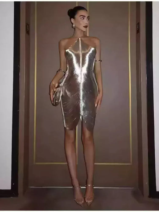 Mini vestido com decote em v para mulheres, Halterneck, Cortar o vestido curto, Decoração assimétrica com borla, Vestidos Patchwork, Moda elegante