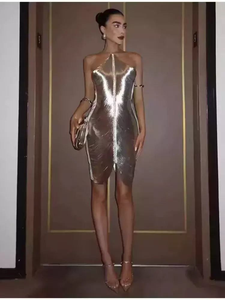 Mini vestido com decote em v para mulheres, Halterneck, Cortar o vestido curto, Decoração assimétrica com borla, Vestidos Patchwork, Moda elegante