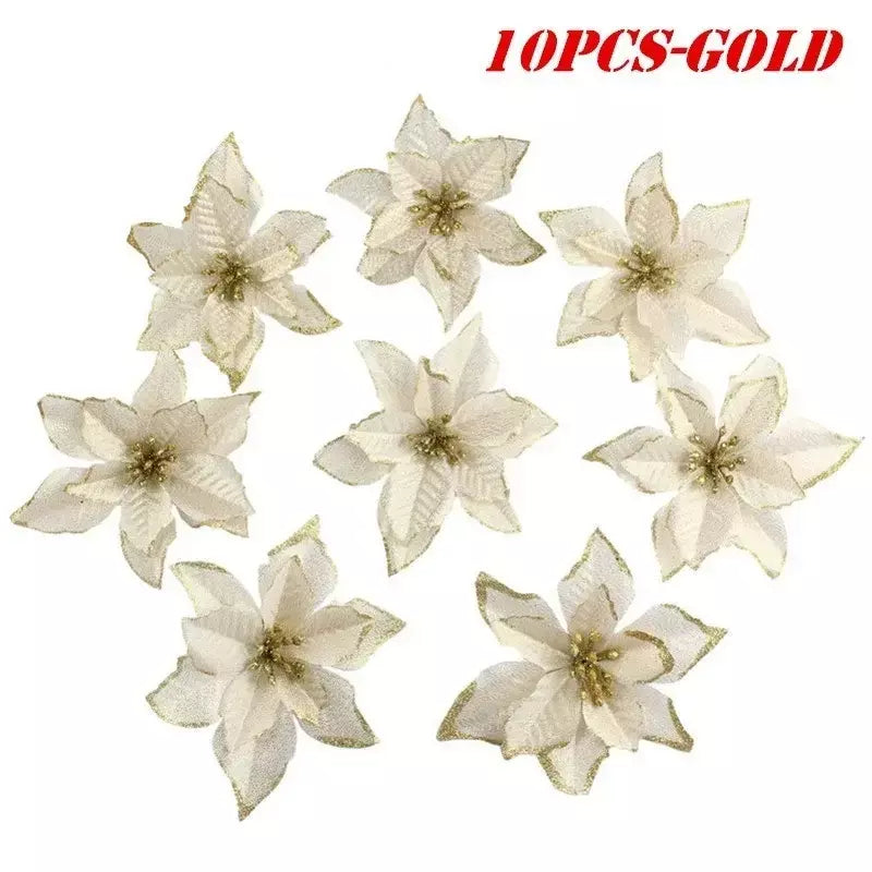 10 pçs grandes lantejoulas flor de natal glitter poinsétia 5.5 polegada flores artificiais enfeites de árvore de natal decorações para casa