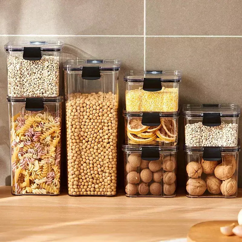 Conjunto de vasilhas de plástico herméticas para armazenamento de cozinha, grandes recipientes à prova de umidade para grãos, temperos e organizadores de despensa