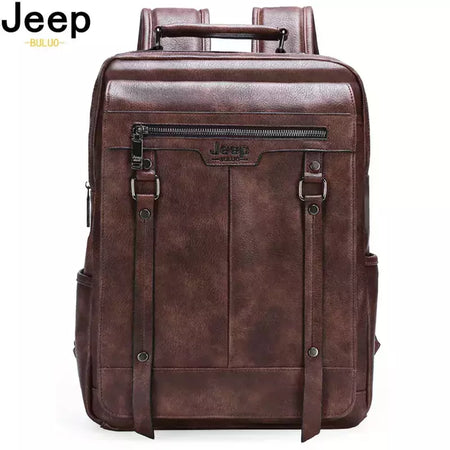 JEEP BULUO-Bolsa Masculina Casual para Laptop, Mochila de Couro Dividido, Bolsa para Computador, Alta Capacidade, Nova Tendência