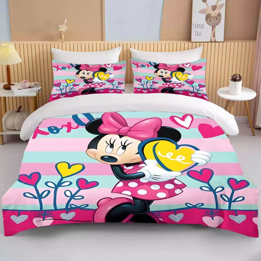 Disney-Minnie Mouse Impresso Conjunto de Cama para Crianças e Adultos, Capa de Edredão, Consolador, Fronha, Rosa, Rei, Amor, Desenhos Animados, Meninos, Meninas, Adultos, Presente