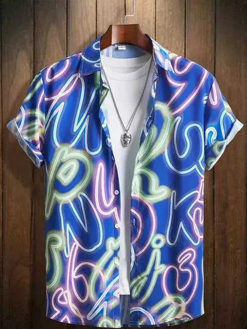 Camisa masculina de lapela estampa estilo néon, camisa casual de manga curta com botão, roupas masculinas, streetwear havaiano, verão