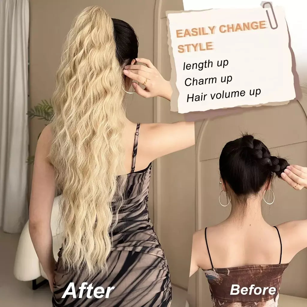 Aoosoo sintético água rabo de cavalo extensão do cabelo clipe no rabo de cavalo da mulher acessórios para o cabelo longo encaracolado peruca natural encaracolado preto