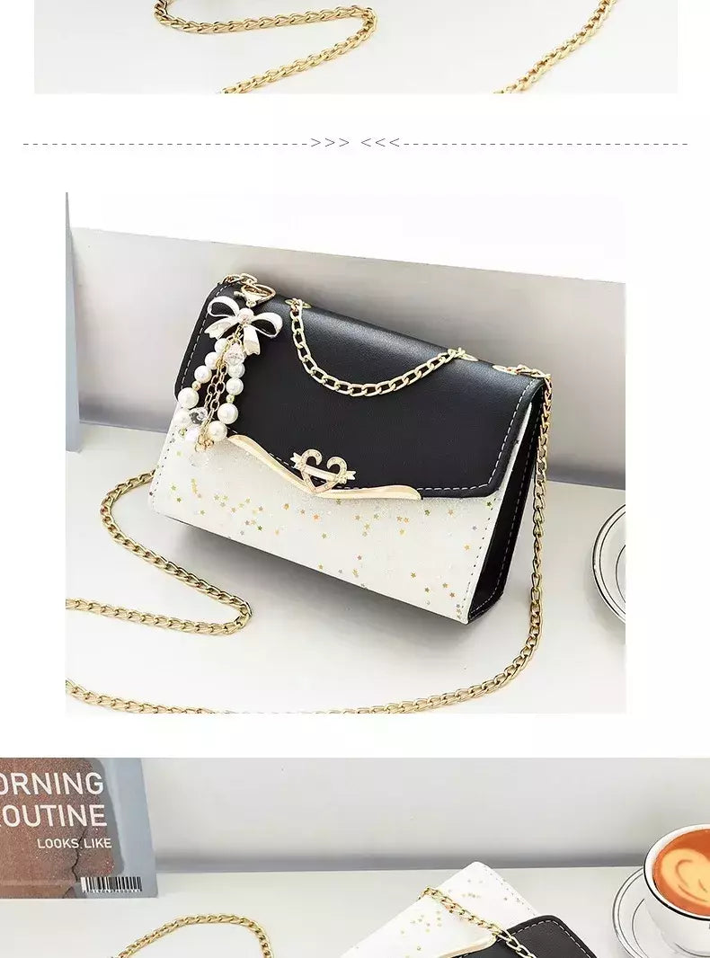 Lantejoula embelezada PU poliéster bolsa crossbody para senhoras, bolsa de ombro pequena, pingente cruz quadrada borla, moda na moda