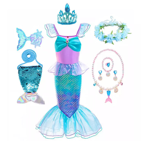 Meninas escala roxa princesa sereia ariel cosplay vestido de halloween vestido de festa de aniversário meninas verão praia vestido de férias
