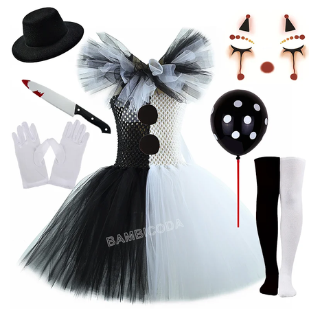 O traje de palhaço terrível arte menina preto branco fantasia tutu vestido horror coringa vestido para meninas trajes de festa de carnaval de halloween