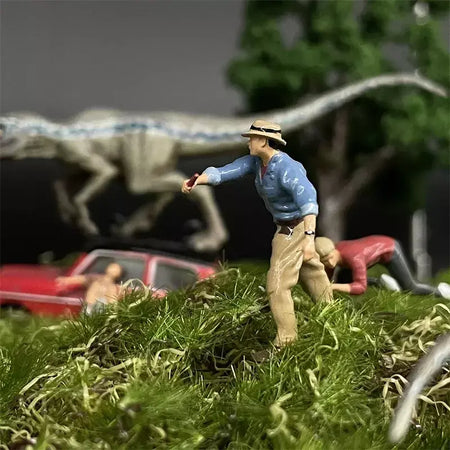 Resina Modelo do Mundo Jurássico, Parque dos Dinossauros, Ranger Homem, Mulher e Criança Figuras, Diecast Alloy Car, Cena em Miniatura Dioramas, Escala 1:64