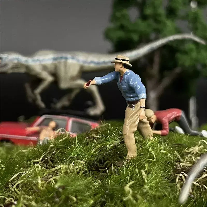 Resina Modelo do Mundo Jurássico, Parque dos Dinossauros, Ranger Homem, Mulher e Criança Figuras, Diecast Alloy Car, Cena em Miniatura Dioramas, Escala 1:64