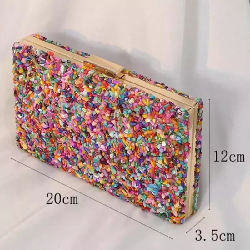 Bolsa acrílica com fecho interligado para menina, bolsa do casamento, pedra multicolorida, corrente de metal, crossbody, ombro, noite, difícil